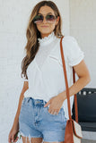White Frilled High Neck Eyelet Pattern Puff Sleeve Top