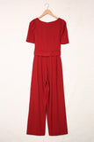 Burgundy Belted Square Neck Puff Sleeve Jumpsuit