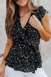 Floral Print Belted Ruffled V Neck Sleeveless Top