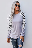 Striped Animal Print Colorblock Long Sleeve Top