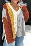color Color Block Patchwork V Neck Knit Sweater