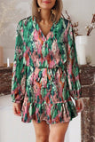 Abstract Print Ruffled Drawstring High Waist Mini Dress