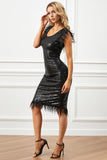 Elegant Sequined Feather Little Black Dress