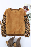 Brown Leopard Sleeve Patchwork Fleece Pullover Sweatshirt