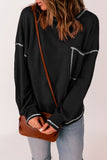 Black Contrast Stitching Trim Waffle Knit Pullover