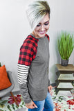 Buffalo Plaid & Stripe Splicing Long Sleeve Top
