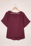 Red Split Neck Pleated Loose Top