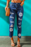 Daisy Pattern Ripped Ankle-length Skinny Jeans