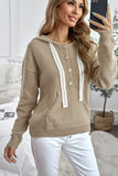 Kangaroo Pocket Button Lace Drawstring Hooded Pullover Sweater