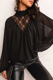 Black Lace Contrast Sheer Frilled Neck Blouse