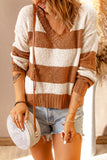 Khaki Striped V Neck Pullover Sweater