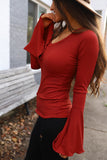 Red Boho V Neck Knit Bell Sleeve Top