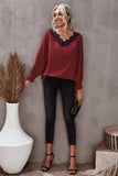 V Neck Lace Patchwork Green Blouse