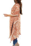 Boho Paisley Print Kimono Beach Cover up with Tassel