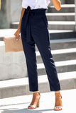 Blue Casual Paperbag Waist Straight Leg Pants with Belt