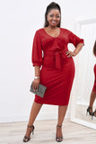 Plus Size Puff Sleeve Wrap V Neck Midi Dress