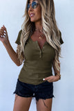 Scoop Neck Buttoned Front Ribbed Knit Short Sleeve Top