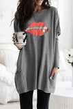 Oversize Zipped Red Lips Long Sleeve Top with Pockets