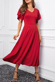 V Neck Ruffled Sleeves Flare Long Dress