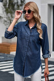 Roll up Long Sleeves Frayed Hem Denim Shirt