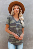 Camouflage Print V Neck Tee with Pocket