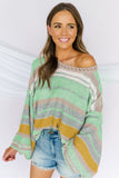 Green Striped Bell Sleeves Loose Sweater