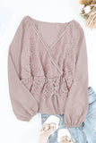 Surplice V Neck Lace Front Balloon Sleeve Blouse