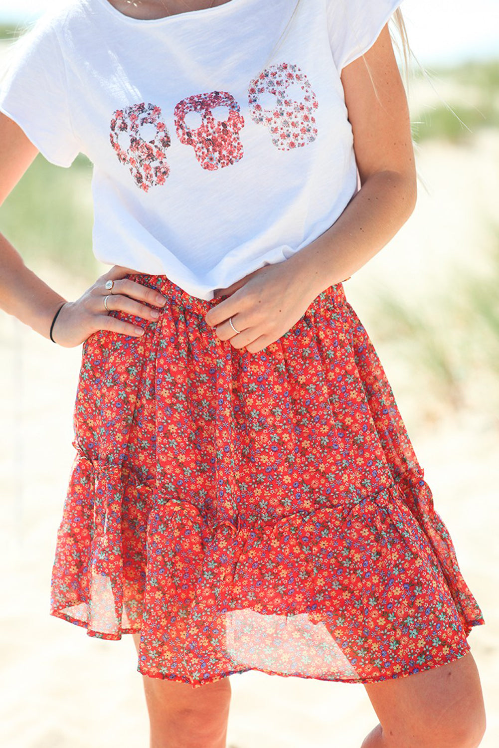 Floral Print Elastic Waist Skirt