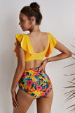 Floral Ruffled Hem High Waist Bikini Set