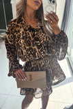Leopard Buttoned High Waist Long Sleeve Dress