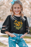 Little Girl Sunflower Print Mesh Bell Sleeve Top