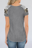 Khaki Striped Leopard Print Short Sleeve Women T-shirt