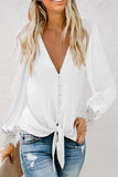 V Neck Lace Splicing Cuffs Button Knotted Blouse