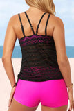 Color Block Lace Drawstring Tie Tankini Set