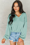 Green Loose Fit Ribbed V Neck Hoodie