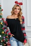 Off Shoulder Plaid&Leopard Print Long Sleeve Top