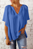 Blue Split Neck Pleated Loose Blouse