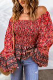 Floral Print Off-Shoulder Smocked Flare Sleeve Top