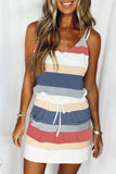 Spaghetti Straps Striped Drawstring Waist Mini Dress