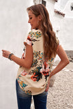 Apricot Floral Scalloped V Neck Short Sleeves Top