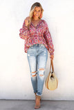 Rose Split Neckline Front Buttons Floral Print Blouse