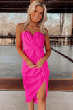 Strapless Ruched Wrapped Slit Midi Dress