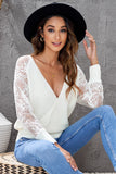 Sexy V Neck Surplice Hollow-out Sweater with Lace Sleeves