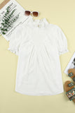 Frilled High Neck Eyelet Pattern Puff Sleeve Top