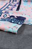 Boho Print Color Block Patchwork Zip Collar Sweatshirt
