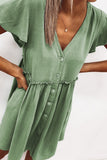 Wine V Neck Buttoned Empire Waist Babydoll Mini Dress