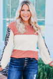 Leopard Color Block Knitted Long Sleeve Top