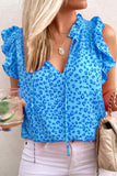 Blue Frilled Spilt V Neck Leopard Ruffled Top