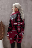 Red Lapel Collar Geometric Print Knit Cardigan