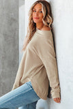 Crew Neck Ribbed Trim Waffle Knit Top
